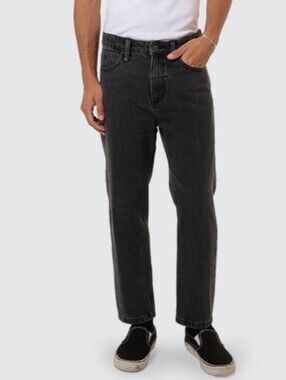 Thrills Chopped Denim Straight Jeans Ash  Black 90s Organic Cotton Button Fly